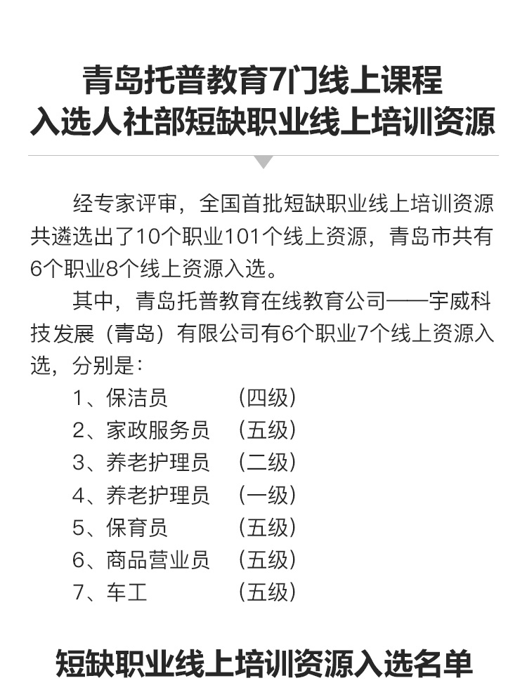 青岛托普教育7门线上课程入选人社部短缺职业线上培训资源(图2)